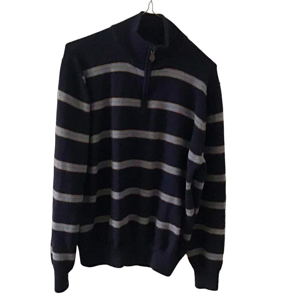 346 Brooks Brothers Navy Striped Extra Fine Italian Merino Wool 1/4 Zip Sweater